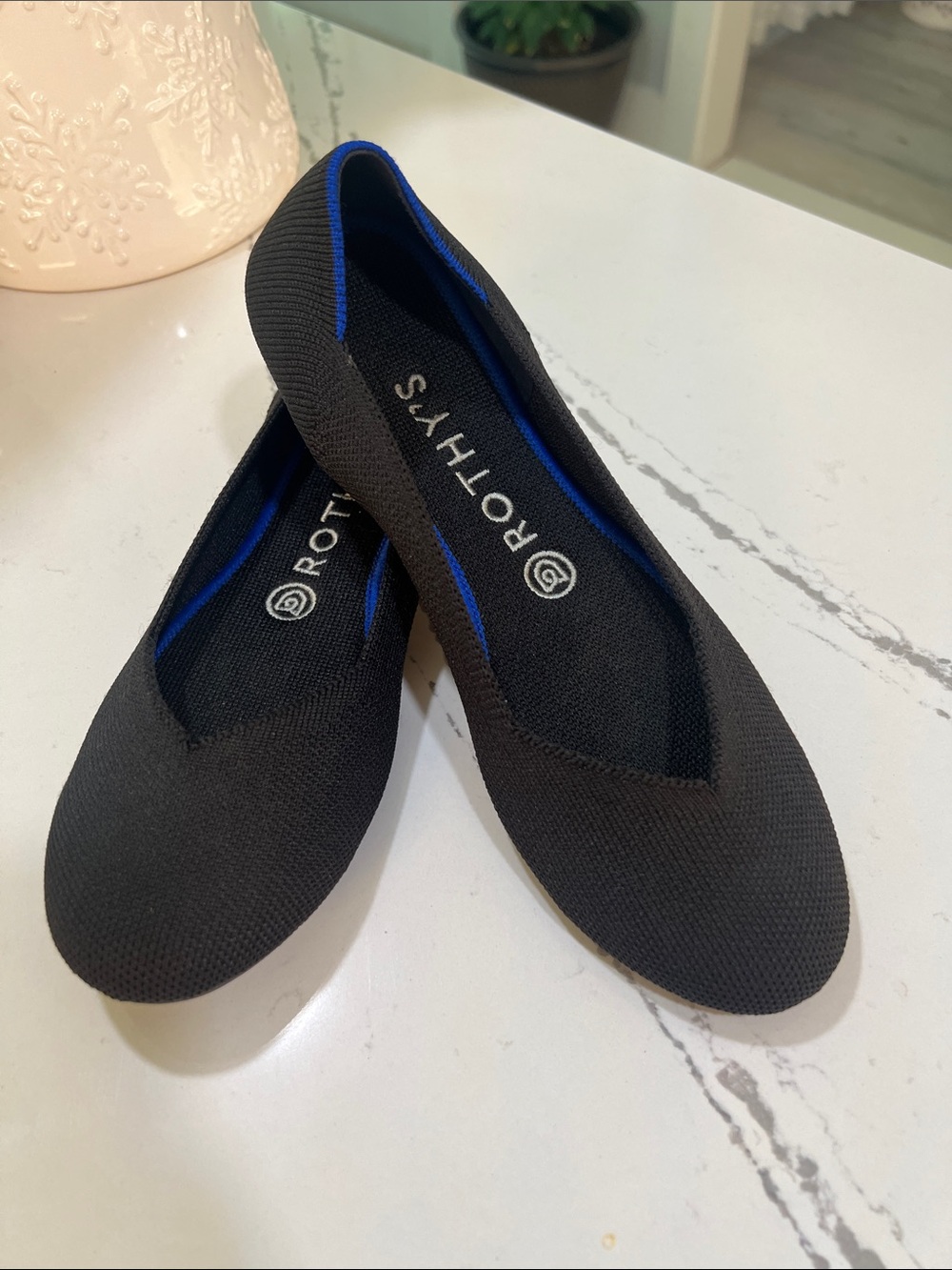 Rothy's Black Knit Ballet Flats with Royal Blue Trim size 8